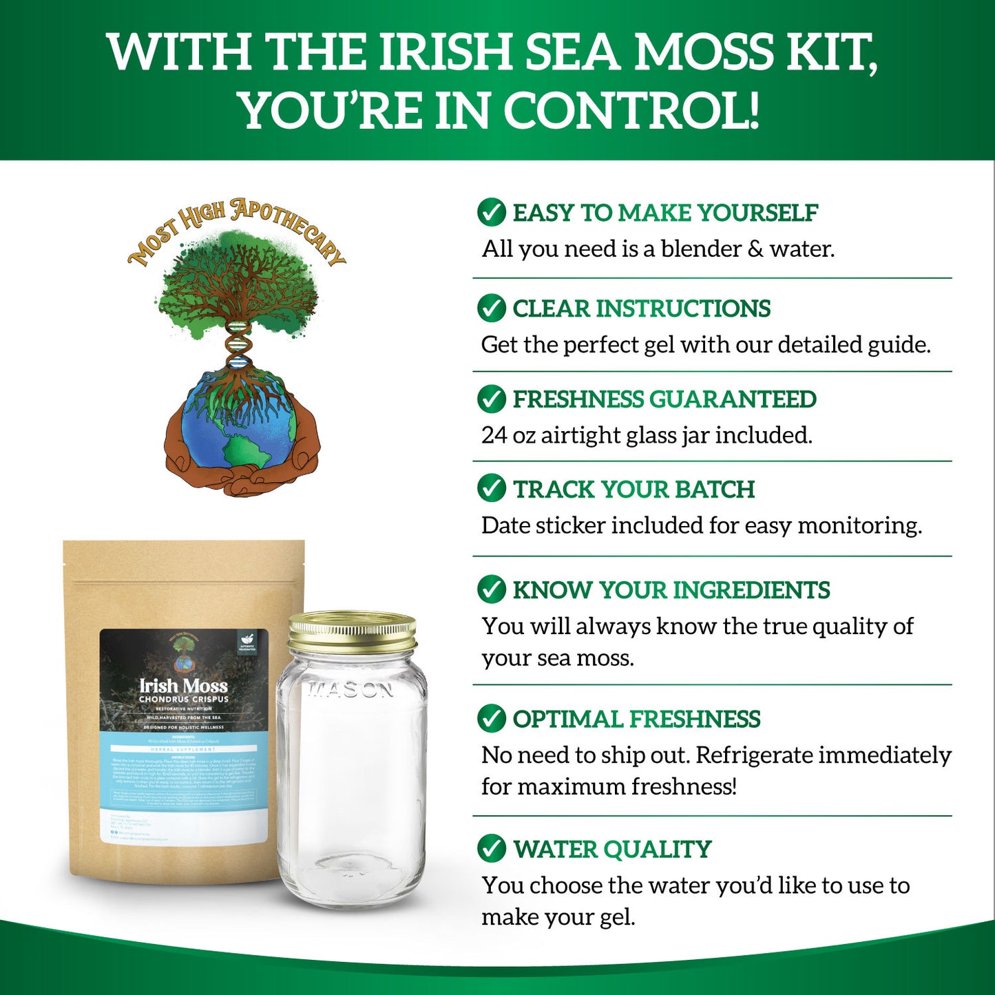 Irish Sea Moss Gel Kit: Wildcrafted Chondrus Crispus, Sea Moss Gel